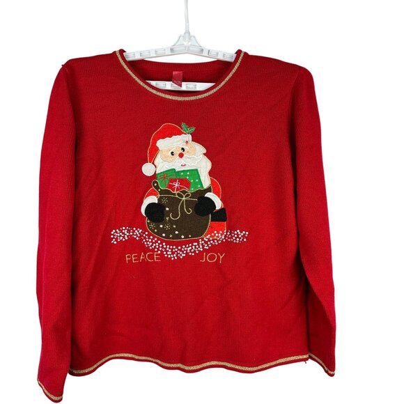 Red Christmas Sweater Santa Peace Joy Embroidered XL 16 18 Acrylic Long Sleeve - Picture 1 of 4